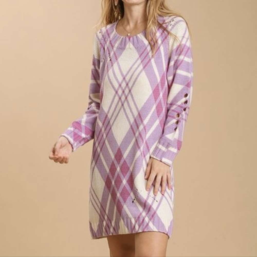 NWT umgee long sleeve cutout plaid mini sweater dress
